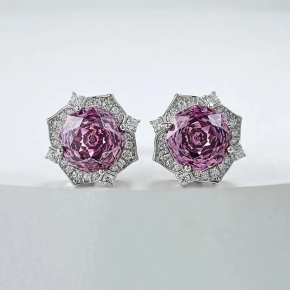 4CT Rose Purple Paris Sapphire Millennium Cut Luxury Stud Earrings 8MM - Picture 3 of 9